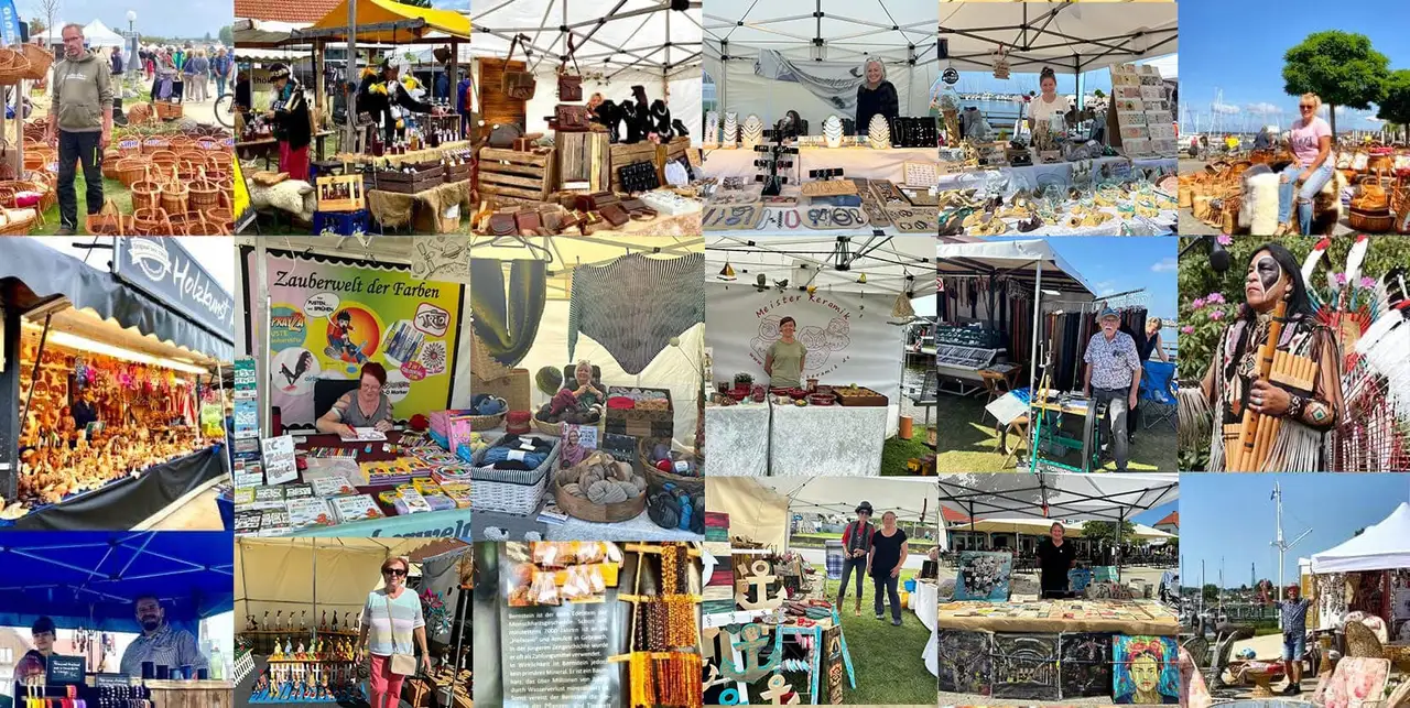 Collage von Ständen auf unseren Kunsthandwerkermärkten in Mecklenburg-Vorpommern
